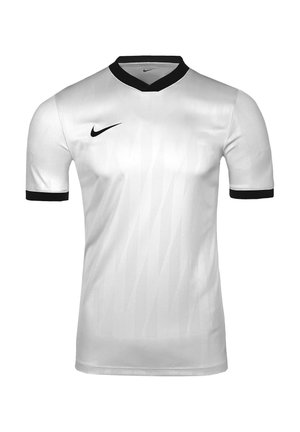 Hvid kortærmet sportstrøje med sort krave og ærmekanter, med en sort Nike-logo på højre bryst.