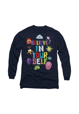 Navy long-sleeve shirt featuring colorful cartoon faces and the text "BELIEVE IN YOUR SELF" in bold letters with varying colors and sizes.