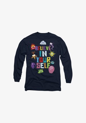 Navy long-sleeve shirt featuring colorful cartoon faces and the text "BELIEVE IN YOUR SELF" in bold letters with varying colors and sizes.
