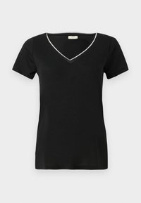 Black T-shirt with a V-neck, short sleeves, a contrasting silver trim along the neckline, and a soft, smooth texture.