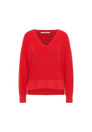 Roter langärmeliger Strickpullover mit V-Ausschnitt und gerippten Bündchen, Saum und Schulterdetails.