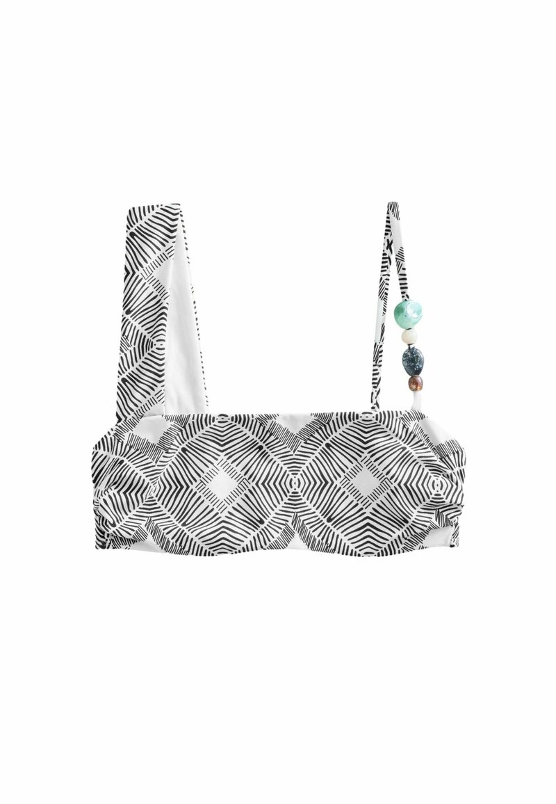 Zwart-wit gestreept bandeau bikini top met brede bandjes en decoratieve kralen in tinten groen, blauw en bruin aan de ene kant.