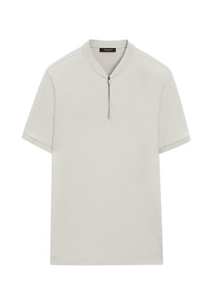 Béžové polo tričko s krátkými rukávy, se zapínáním na půl zipu vpředu a žebrovaným límcem, jednoduchý a minimalistický design.