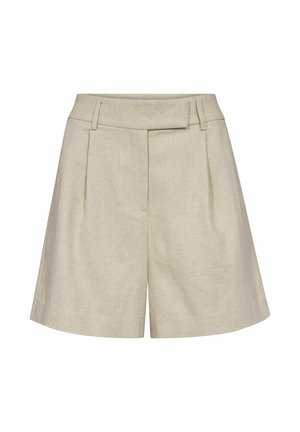 Beiget, korkeavyötäröiset räätälöidyt shortsit, joissa on vyölenkit, etukäytävät ja piilotettu etukiinnitys valkoisella taustalla.