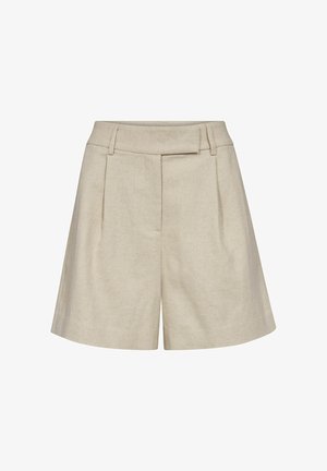 Beżowe spodenki o wysokim stanie, dopasowane, z szlufkami na pasek, plisami z przodu oraz ukrytym zapięciem z przodu na białym tle.