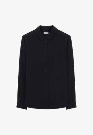 Schwarzes Langarmhemd mit Knopfleiste, klassischem Kragen und schwarzen Knöpfen. Hergestellt aus glattem Stoff mit leicht glänzendem Finish.