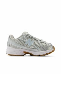 Light gray athletic shoes with a mesh upper, accented with blue details, a cushioned sole, and a durable gum rubber outsole.