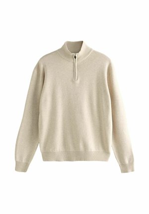 Beige lange mouwen gebreide trui met geribbelde kraag, manchetten en onderrand, met een ritssluiting tot een kwart aan de voorkant.