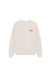 Μπεζ φούτερ με στρογγυλή λαιμόκοψη και μακριά μανίκια, με κόκκινο κείμενο "RAMEN" πάνω από ιαπωνικούς χαρακτήρες στο αριστερό στήθος.