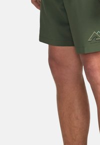 Pantaloni corti verdi realizzati in tessuto leggero, con una superficie liscia, taglio dritto e un piccolo logo con un design di montagna sul lato.