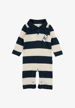 Randig jumpsuit i marinblått och beige med polo-krage, tre knappar och en broderad mjölkflaskdetalj på bröstet.