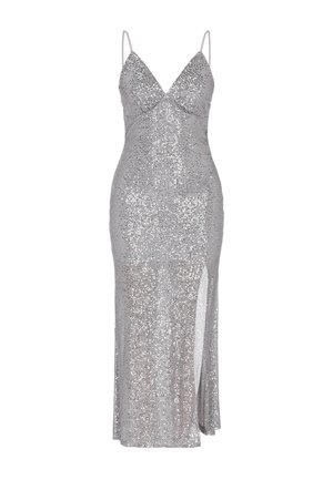 Sølv palietkjole med dyb udskæring, tynde stropper og højt slids. Glat tekstur med en tætsiddende silhuet.