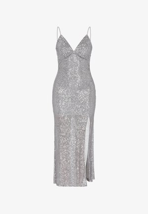 Ezüst flitteres ruha mélyen kivágott nyakkivágással, vékony pántokkal és combközépig érő hasítékkal. Sima textúra és testhez simuló szabás.
