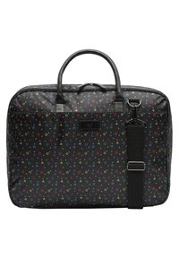 Sac noir avec un motif géométrique en rouge, jaune, vert et bleu. Comprend deux poignées et une bandoulière amovible. Texture lisse.