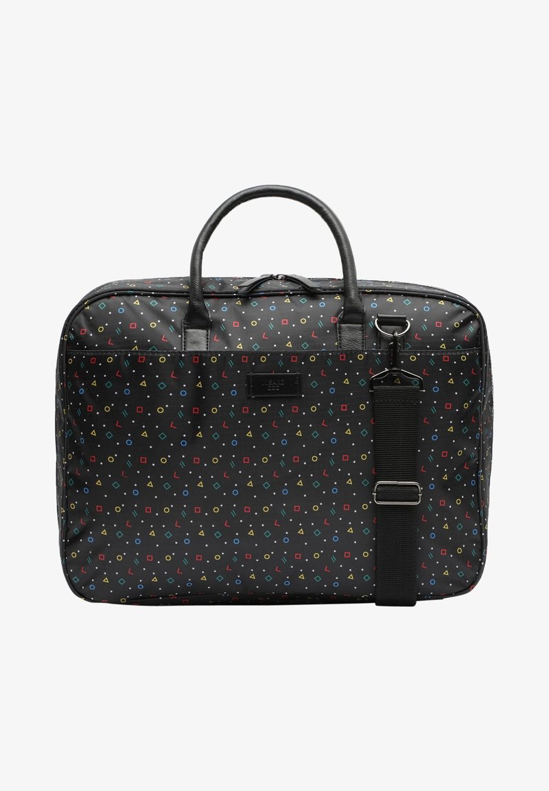 Sac noir avec un motif géométrique en rouge, jaune, vert et bleu. Comprend deux poignées et une bandoulière amovible. Texture lisse.