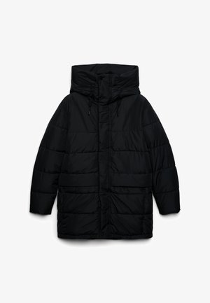 Giacca a vento nera con cappuccio, chiusura con zip e cordino elastico. Tessuto testurizzato con sezioni trapuntate fornisce isolamento.