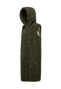 Gilet senza maniche con cappuccio di un profondo verde oliva, con un'esterno testurizzato e soffice e un rivestimento interno liscio.