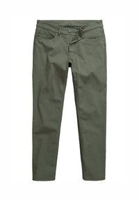 Pantalones de algodón verde oliva con corte ajustado, cierre con botón y cremallera, dos bolsillos frontales y sin patrones ni acentos visibles.