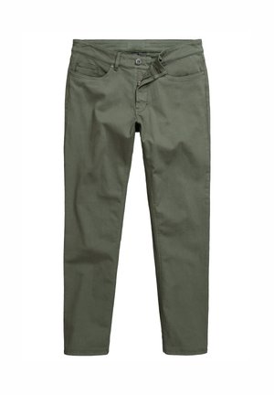 Pantalones de algodón verde oliva con corte ajustado, cierre con botón y cremallera, dos bolsillos frontales y sin patrones ni acentos visibles.