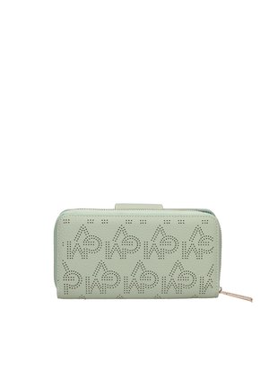 Portafoglio verde chiaro con zip su tutto il perimetro, motivo logo "Aldo" traforato e tiretto della zip dorato.