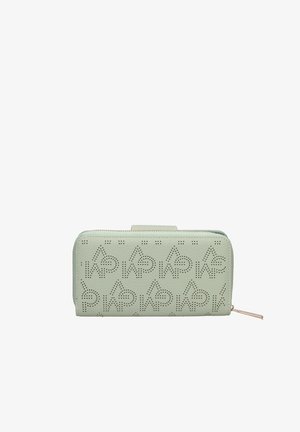 Portafoglio verde chiaro con zip su tutto il perimetro, motivo logo "Aldo" traforato e tiretto della zip dorato.