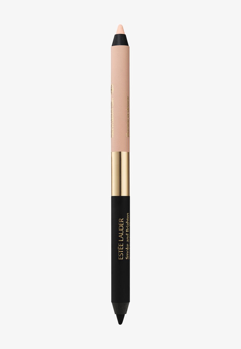 Dobbeltsidet kosmetikblyant med beige highlighter-spids og sort eyeliner-spids, gyldent og sort etui mærket "Estée Lauder Smoke and Brighten."