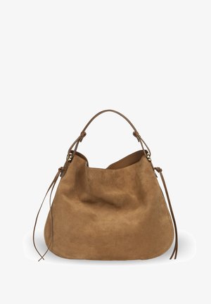 Zamszowa torba hobo w jasnobrązowym kolorze o luźnym kształcie, z pojedynczym uchwytem u góry oraz dwoma dekoracyjnymi skórzanymi sznurkami po obu stronach.