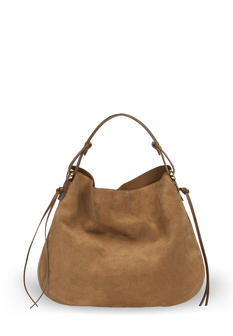 Zamszowa torba hobo w jasnobrązowym kolorze o luźnym kształcie, z pojedynczym uchwytem u góry oraz dwoma dekoracyjnymi skórzanymi sznurkami po obu stronach.