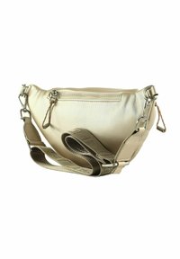 Sac bandoulière en cuir beige avec une poche zippée à l'avant, une sangle en tissu réglable et des attaches métalliques argentées.