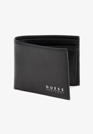 Czarny skórzany portfel o składanym designie. Posiada srebrne wytłoczone logo oraz wiele przegródek na karty. Gładka tekstura z przeszytymi krawędziami.