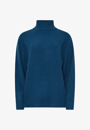 Niebieski sweter z golfem w luźnym kroju, z długimi rękawami, prążkowanymi mankietami i gładką fakturą. Prosty design bez widocznych wzorów czy akcentów.