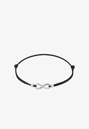 Smeđa narukvica od kordele s centralnim srebrnim simbolom beskonačnosti, s glatkim okruglim srebrnim perlama s obje strane za prilagođavanje veličine.