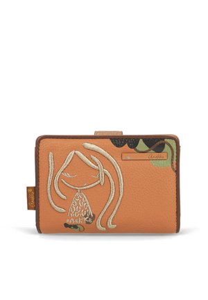 Beżowy portfel z haftowanym szkicem dziewczyny z zamkniętymi oczami, ozdobionymi liśćmi oraz małą skórzaną metką z nazwą marki "Anekke".