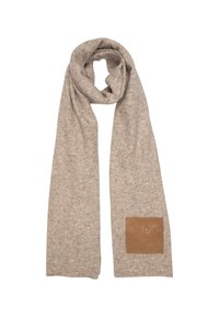 Sciarpa in lana beige con una texture morbida, caratterizzata da un'etichetta quadrata in pelle marrone impresso con "LIU JO" e un dettaglio del logo.