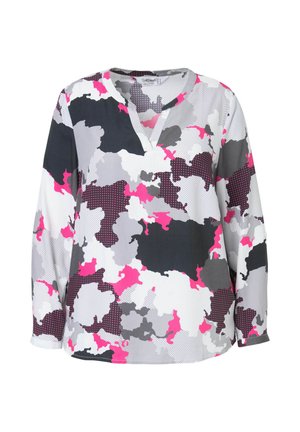 Langærmet bluse med et flerfarvet abstrakt camouflage-mønster i grå, pink og hvid. Fremstillet af tekstureret stof med V-udskæring.