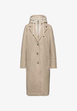 Beige lange jas met een op maat gemaakt ontwerp, met gelogen revers, knopenfront en een verwijderbare capuchon met elastische trekkoordjes. Zachte textuur, twee zijzakken.