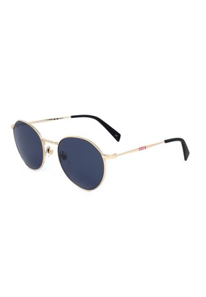 Occhiali da sole rotondi con montatura dorata, lenti blu scuro e terminali delle aste neri, con un piccolo logo rosso Levi’s sull’asta destra.