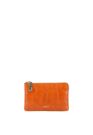 Orange leather zippered pouch with a gold zipper pull and "abrò" logo embossed on the front center.