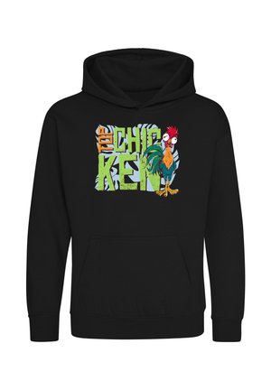 Sweat à capuche noir avec un coq de dessin animé coloré et un grand texte vert et orange indiquant "top chicken" à l'avant.