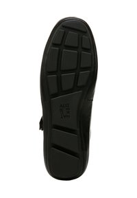 Semelle de chaussure noire avec une texture en caoutchouc offrant une adhérence grâce à des motifs rectangulaires et un logo gaufré discret. Bords renforcés pour plus de durabilité.