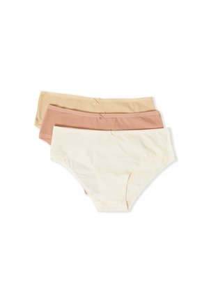 Tre paia di slip femminili in cotone, piegati, nei colori crema, rosa polvere e beige, ognuno con un piccolo fiocco al centro della vita.