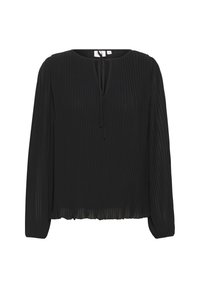 Blusa nera plissettata con maniche lunghe e scollatura a V. Presenta una chiusura con fiocco sul davanti e un tessuto leggero e testurizzato.