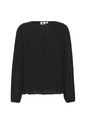Black pleated blouse with long sleeves and a V-neckline. Features a tie closure at the front and a lightweight, textured fabric.