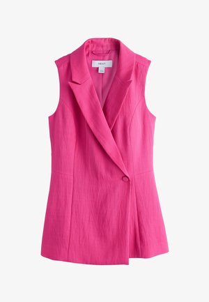 Bezrukávová, jasnoružová vesta v štýle blejzra s jedným predným gombíkom a zárezom na golieri, zobrazená na bielom pozadí.