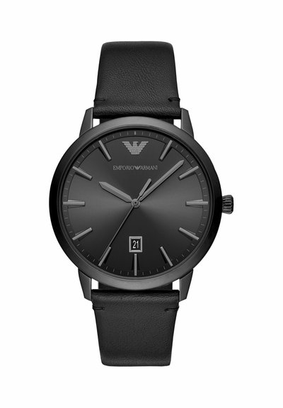 Schwarze Emporio Armani Armbanduhr mit Lederarmband, analogem Zifferblatt, das 10:08 zeigt, Datumsfenster bei 6 Uhr und minimalistischen Stundenmarkierungen.