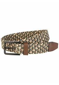 Geweven riem in groen, beige en bruintinten met een zwarte metalen gesp en een bruine leren accent voor extra stevigheid.