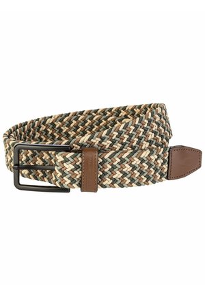 Geweven riem in groen, beige en bruintinten met een zwarte metalen gesp en een bruine leren accent voor extra stevigheid.