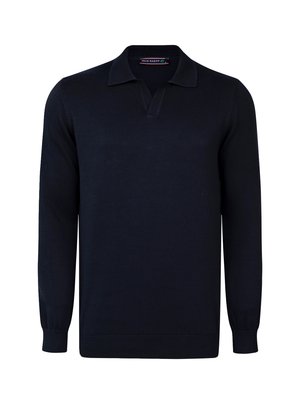 Pull-over en laine bleu marine avec un col polo, des manches longues et des poignets côtelés. Fabriqué en tissu tricoté lisse sans motifs ni accents matériels.