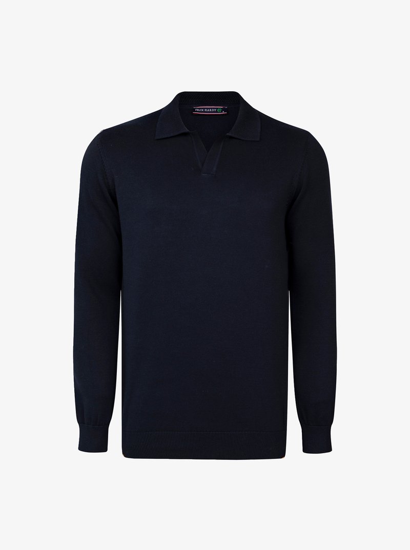 Maglione blu navy con colletto polo, maniche lunghe e polsini a coste. Realizzato in tessuto a maglia liscio senza fantasie o accenti in metallo.