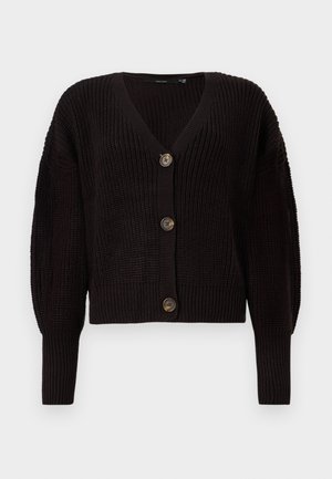 Cardigan negru tricotat, cu decolteu în V, închidere frontală cu butoane și mâneci lungi. Prezintă un model texturat și butoane maro.